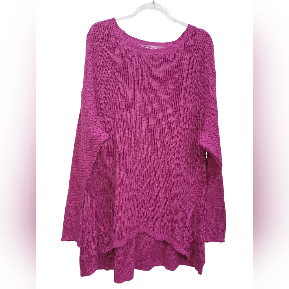 2X CJ Banks 100% Cotton Women's Fuscia Pink Knit Hi-Lo Sweater